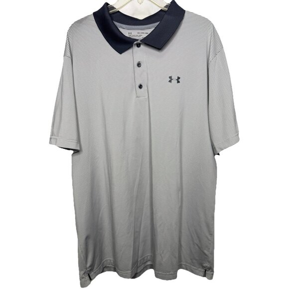 Under Armour HeatGear Polo Shirt Mens 2XL Gray Striped Loose Fit Golf - Picture 1 of 8